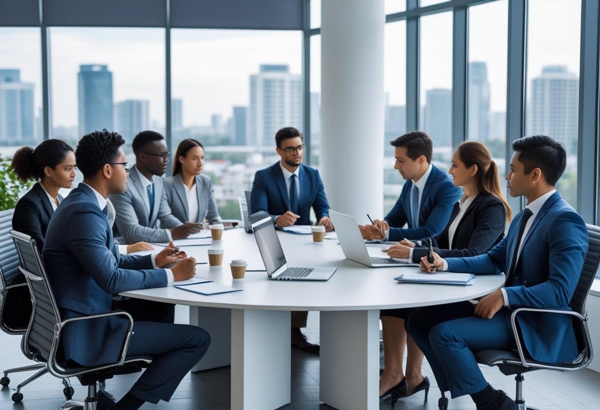 Een groep zakelijke professionals die in een vergaderruimte rond een tafel zit en een gesprek voert over een reorganisatie.