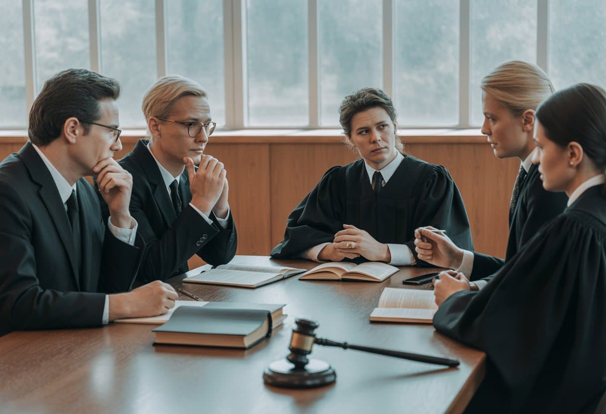 Een diverse groep juridische professionals en een verdachte in een moderne rechtszaal, verdiept in een serieus gesprek.
