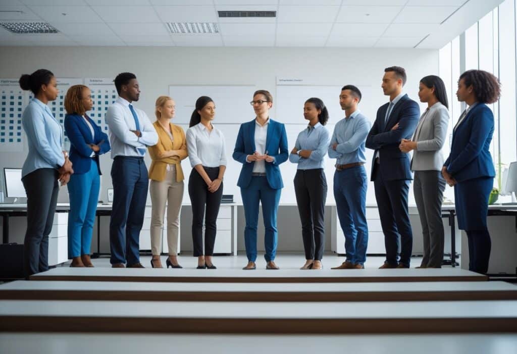 Een diverse groep werknemers staat in een moderne kantooromgeving in een geordende opstelling, terwijl een manager hen uitlegt hoe het ontslagproces volgens het afspiegelingsbeginsel verloopt.