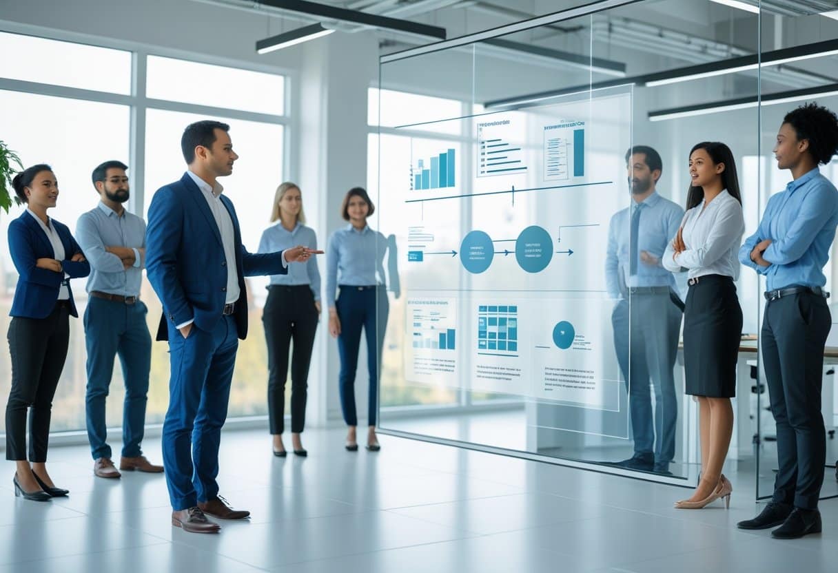 Een diverse groep kantoormedewerkers luistert aandachtig naar een HR-manager die een schema uitlegt in een moderne kantooromgeving.