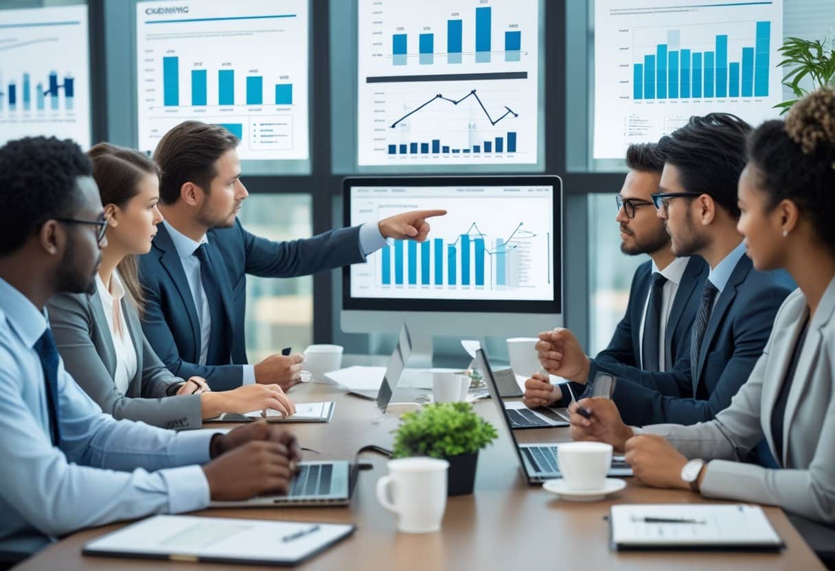 Een groep zakelijke professionals bespreekt bedrijfsgegevens rond een vergadertafel in een kantooromgeving.