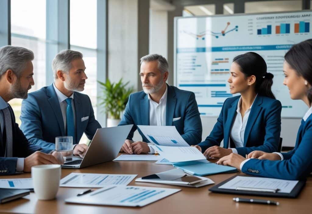 Een groep zakelijke professionals bespreekt documenten aan een vergadertafel in een modern kantoor.