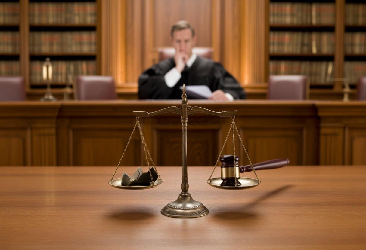 Een rechter in een rechtbank kijkt serieus naar documenten, met een weegschaal van gerechtigheid op de voorgrond die pech en schuld symboliseert.