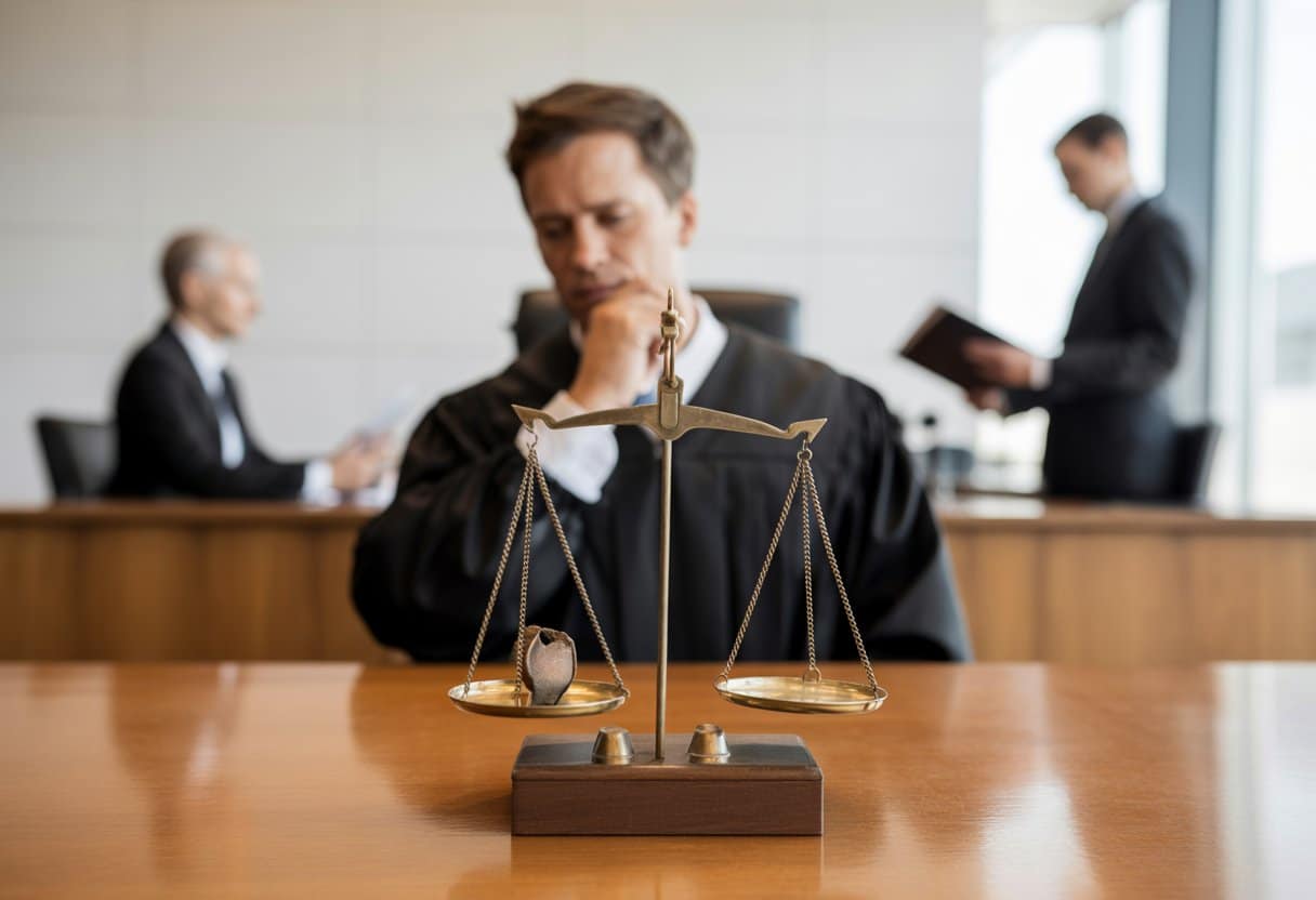 Een rechter in een rechtszaal kijkt naar een weegschaal met aan de ene kant een gebroken voorwerp en aan de andere kant een dossier, terwijl een advocaat en verdachte op de achtergrond praten.
