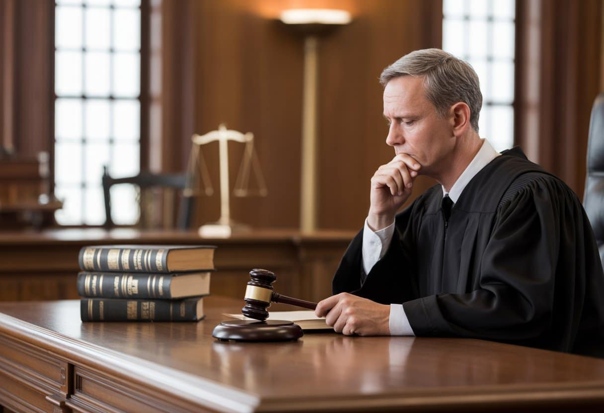 Een rechter in een rechtszaal zit achter een houten bank met een hamer in de hand, omringd door juridische boeken en documenten, in een formele en rustige omgeving.