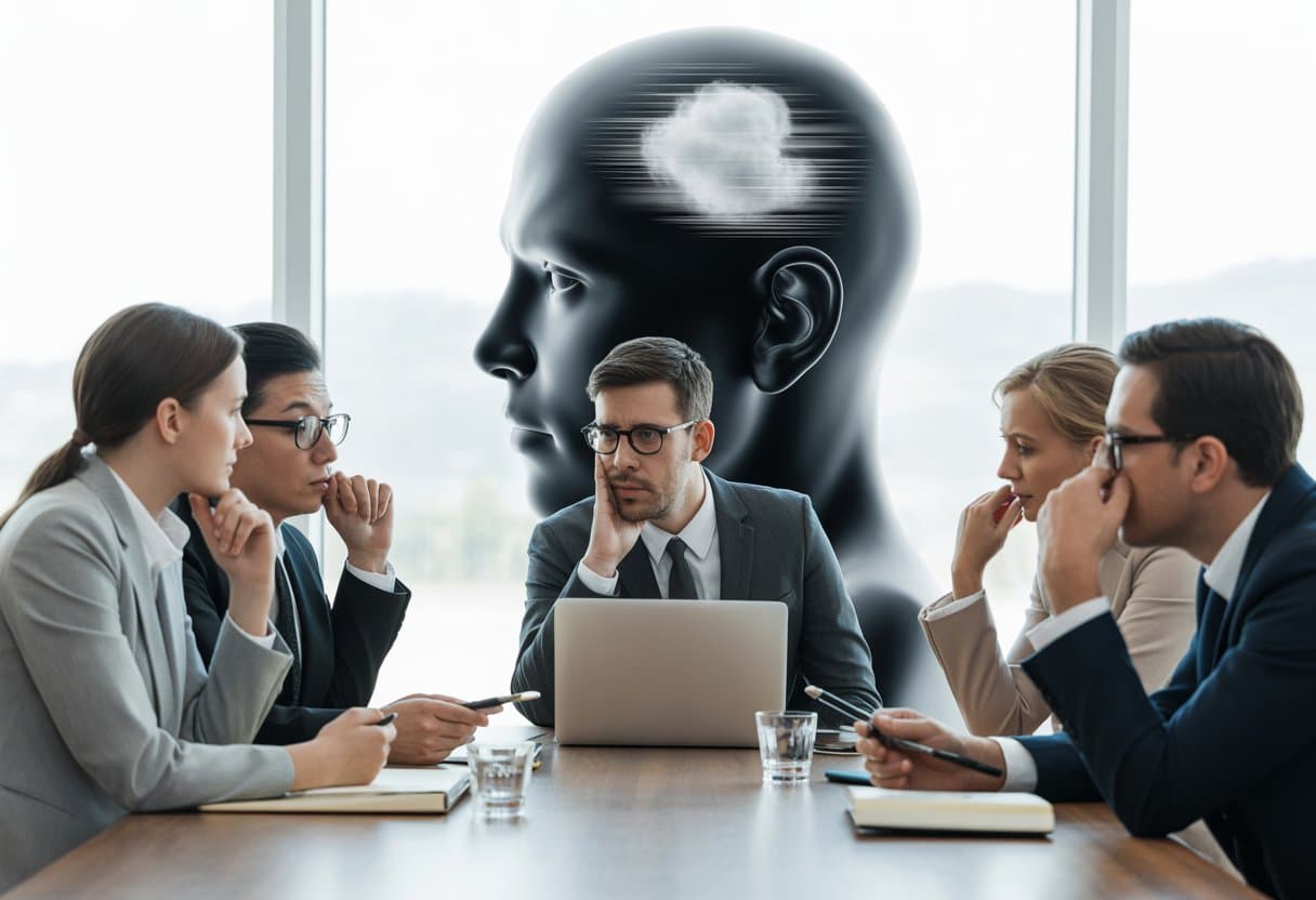 Een groep juridische professionals bespreekt serieus psychische overmacht in een moderne kantooromgeving.