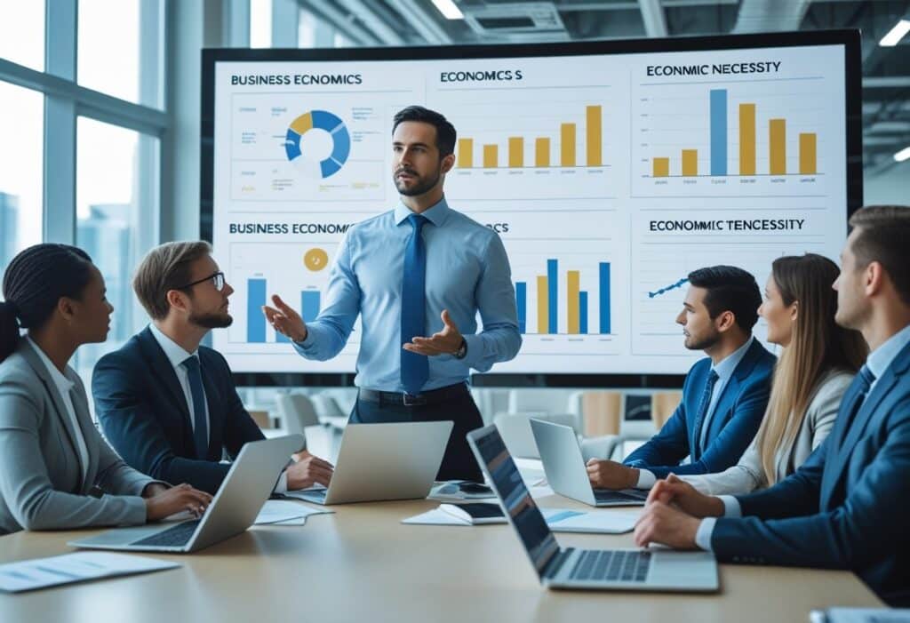 Een zakelijke bijeenkomst in een kantoor waar een professional financiële gegevens presenteert aan collega's.