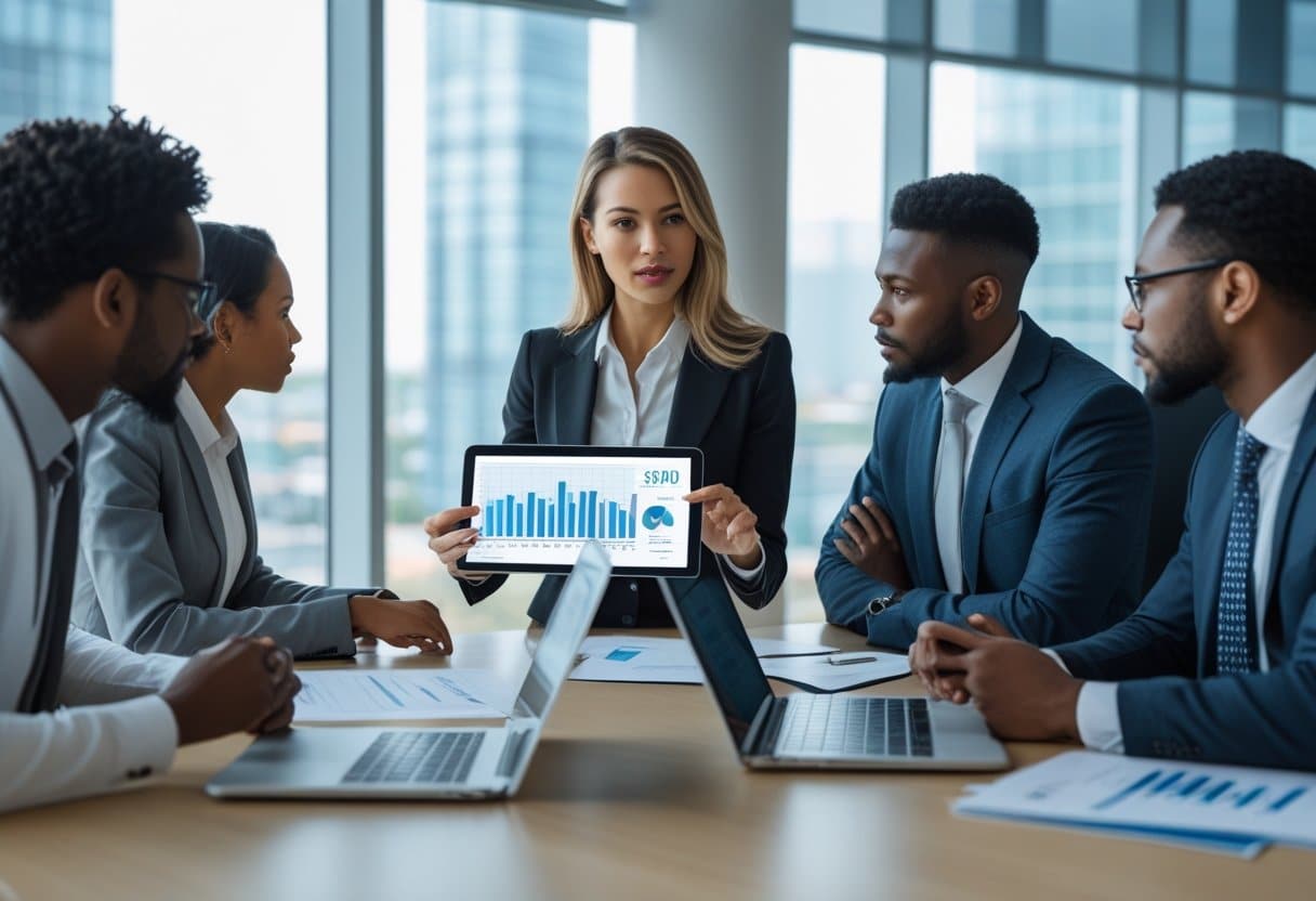 Een groep zakelijke professionals bespreekt financiële gegevens in een moderne vergaderruimte.