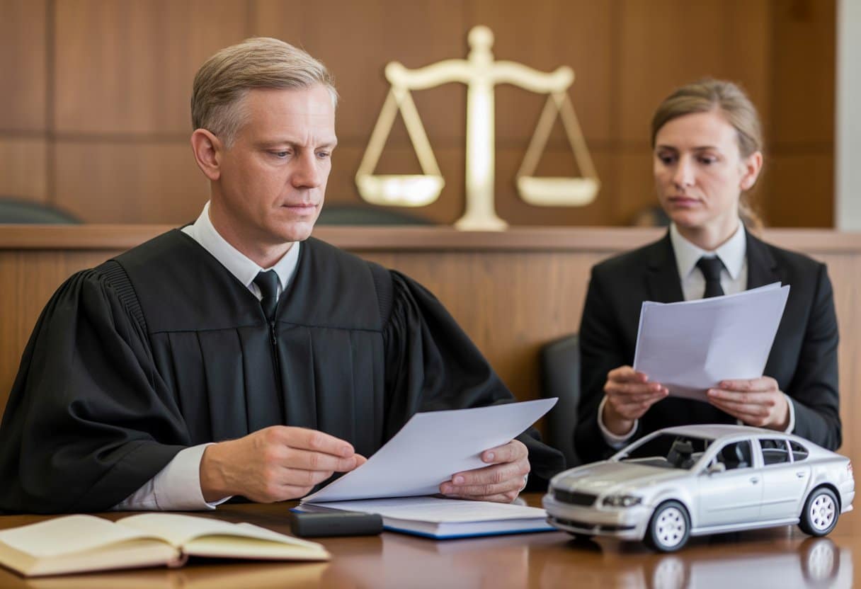 Een rechter en een advocaat in een rechtszaal, met een model van een beschadigde auto op tafel, die een zaak over verkeersnalatigheid behandelen.
