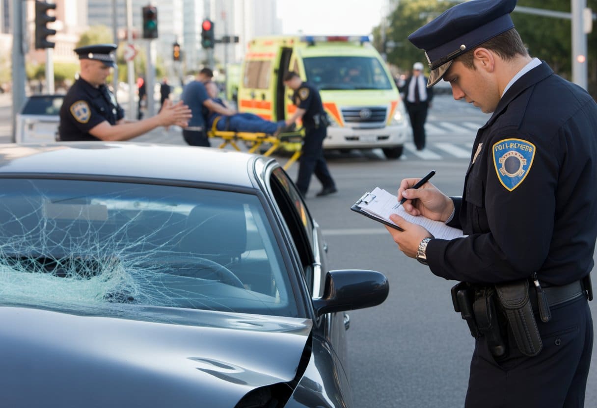 Een verkeersongeval met een beschadigde auto, politieagenten die aantekeningen maken en een ambulance met hulpverleners die een gewonde persoon verzorgen op een drukke stadsstraat.