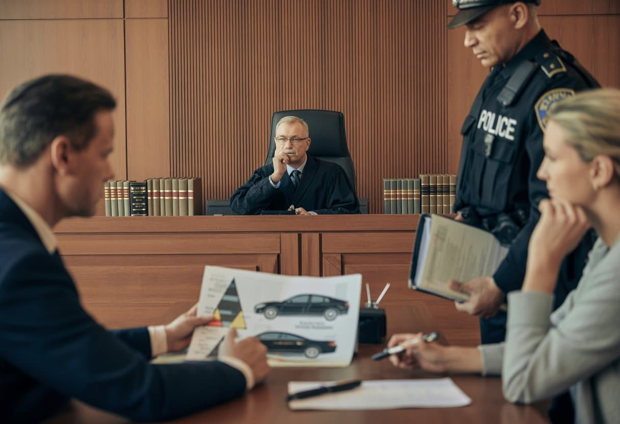 Een rechtbank waar een rechter een zaak over nalatigheid bij een verkeersongeval behandelt, met een advocaat die bewijs presenteert en een politieagent die een rapport vasthoudt.