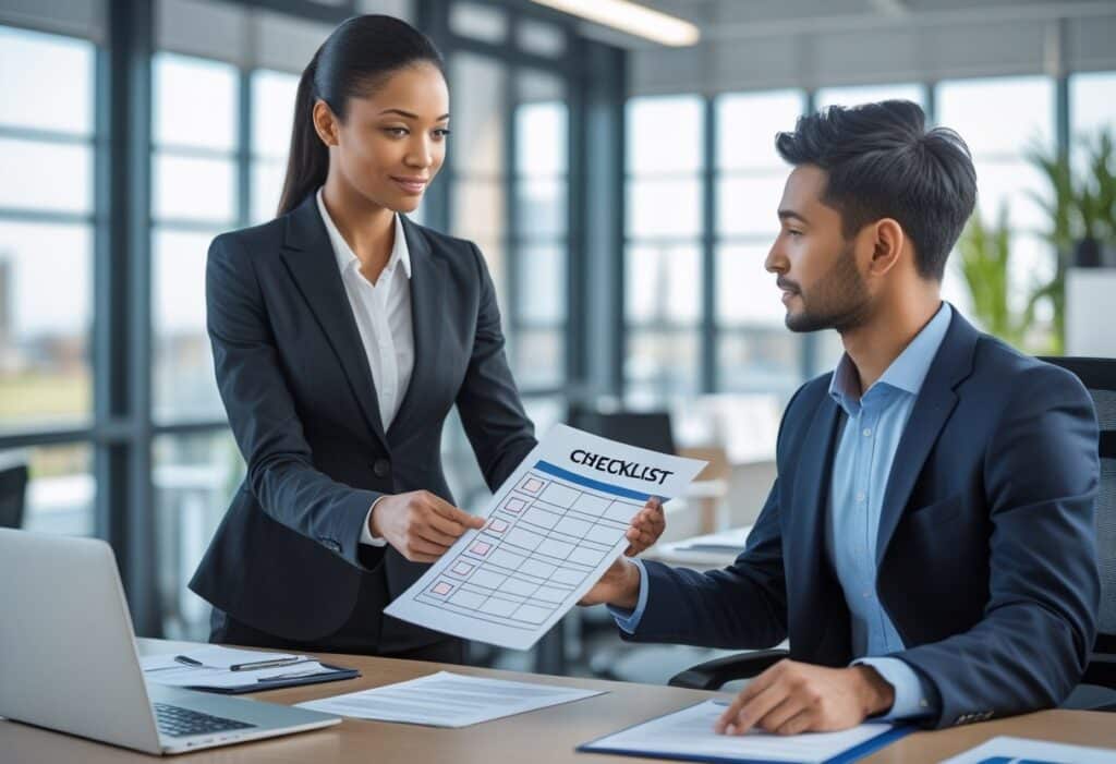 Een zakenvrouw overhandigt een checklist aan een mannelijke werknemer in een moderne kantooromgeving.