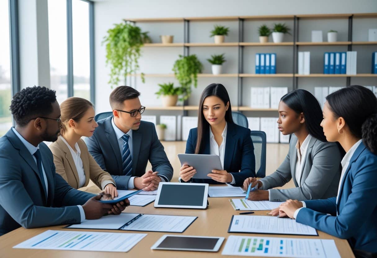 Een groep zakelijke professionals bespreekt samen documenten en een checklist in een moderne kantoorruimte.