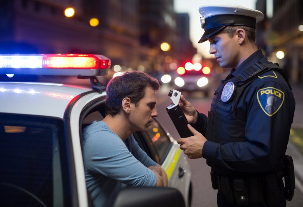 Een politieagent spreekt met een man naast een gestopte auto op een donkere straat 's nachts.