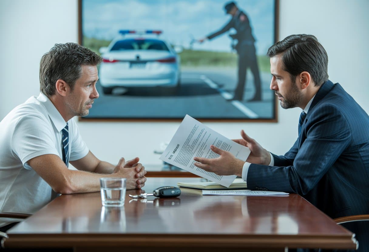 Een man en een advocaat zitten tegenover elkaar aan een bureau en bespreken juridische documenten over dronken rijden.