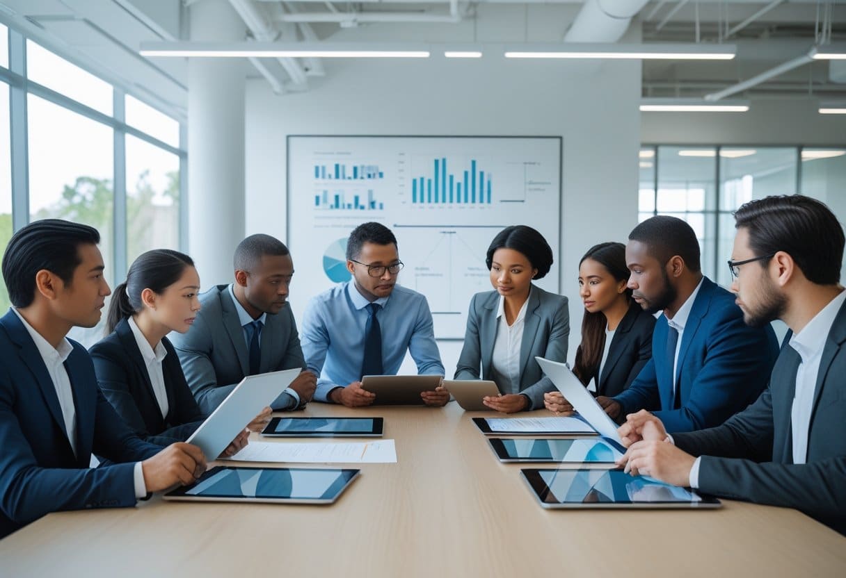 Een diverse groep zakelijke professionals bespreekt documenten rond een vergadertafel in een modern kantoor.
