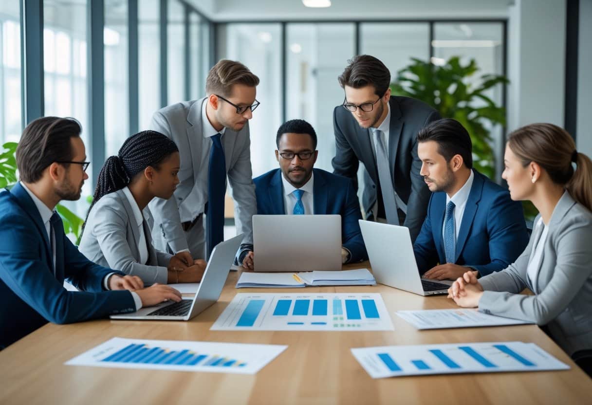 Een groep zakelijke professionals bespreekt samen aan een vergadertafel in een modern kantoor.