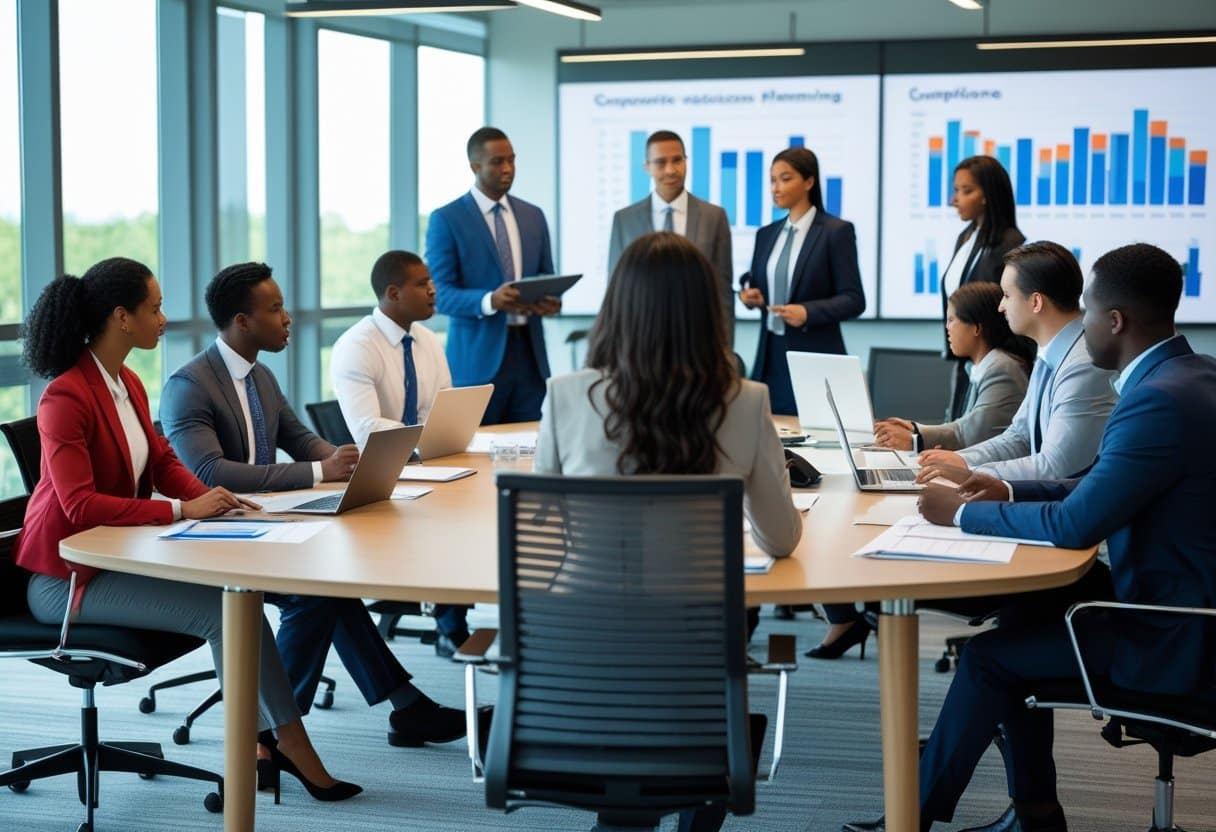 Een groep zakelijke professionals bespreekt een reorganisatie in een moderne kantoorruimte.