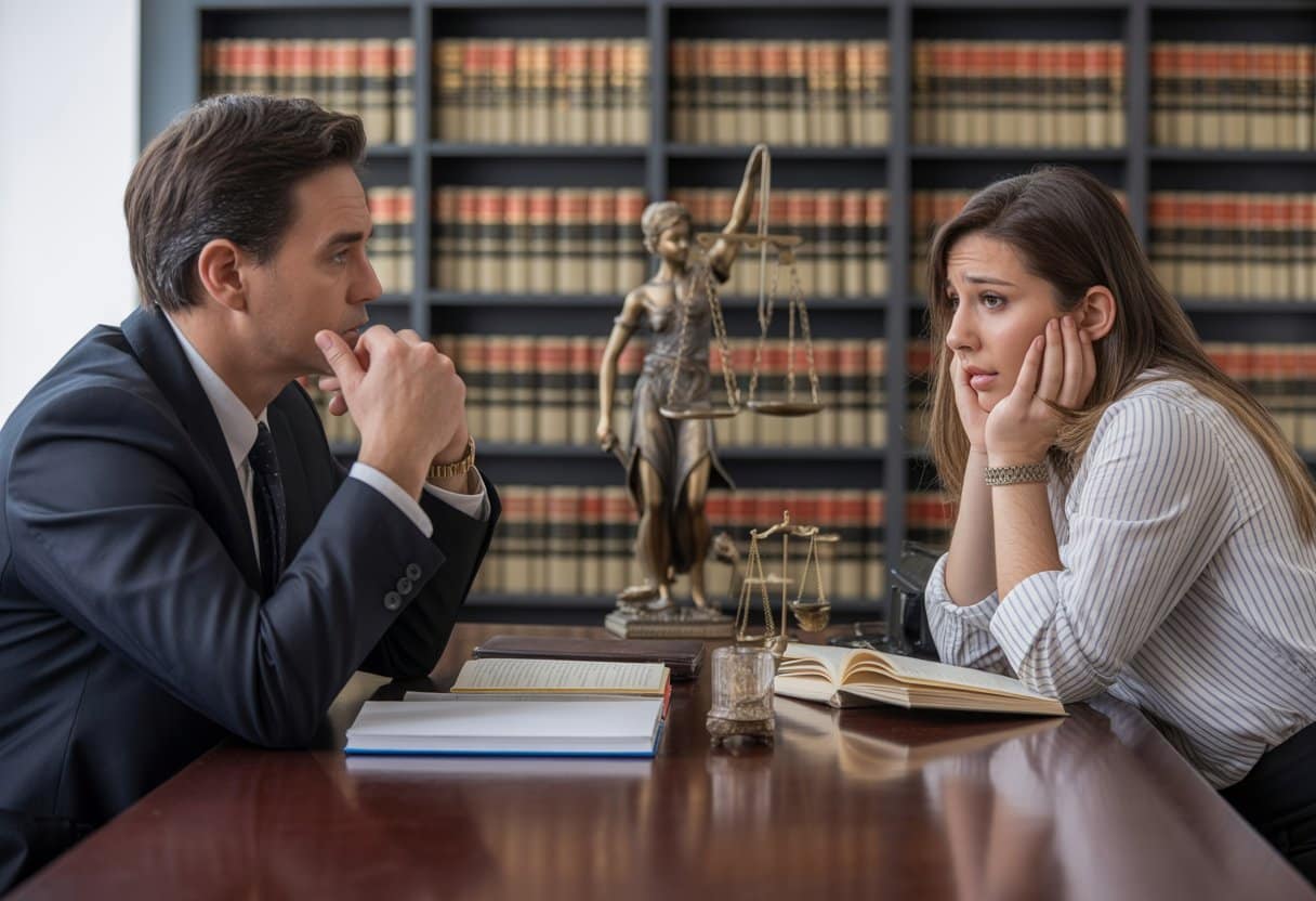 Een advocaat en een jonge vrouw zitten aan een bureau in een kantoor en bespreken een juridisch onderwerp.