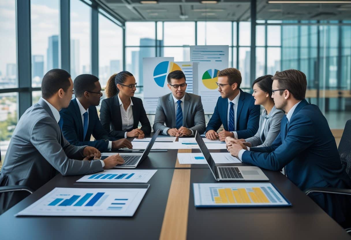 Een groep zakelijke professionals in een vergaderruimte tijdens een fusie- of overnamemoment.