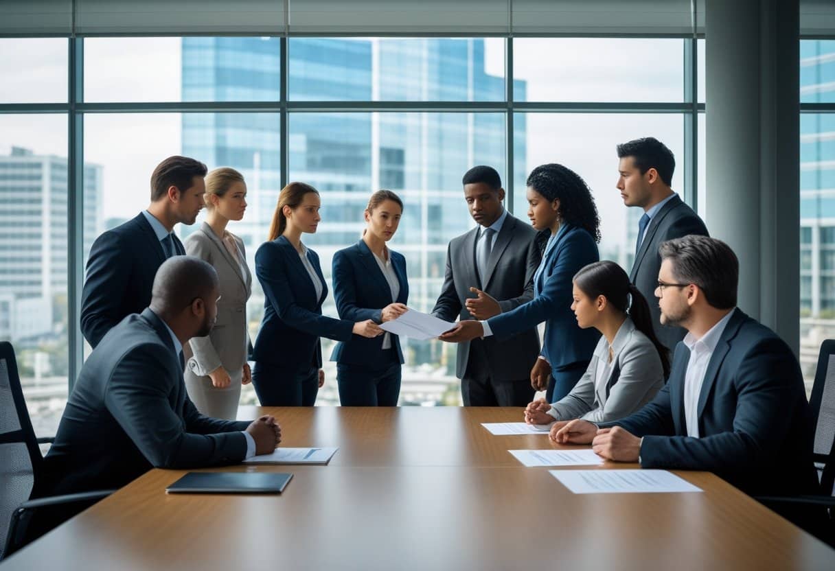 Zakelijke bijeenkomst in een modern kantoor waar professionals een gesprek voeren over ontslag bij een fusie of overname.