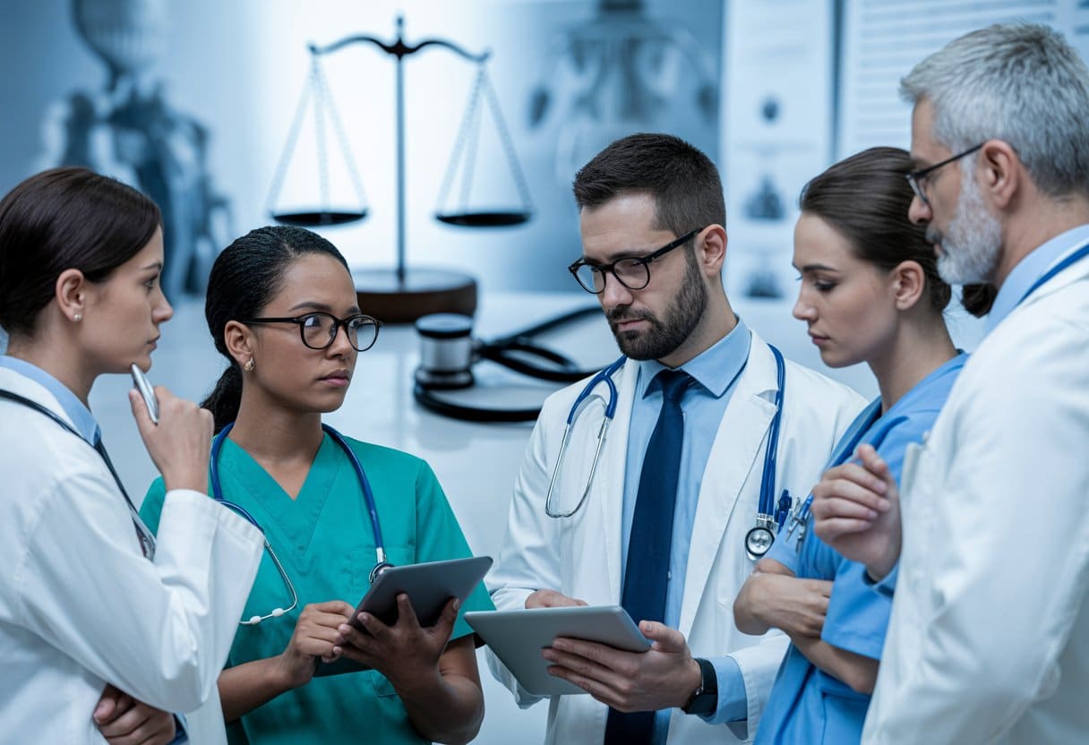 Een groep zorgprofessionals bespreekt serieus medische dossiers in een ziekenhuisomgeving, met op de achtergrond symbolen van rechtspraak en geneeskunde.