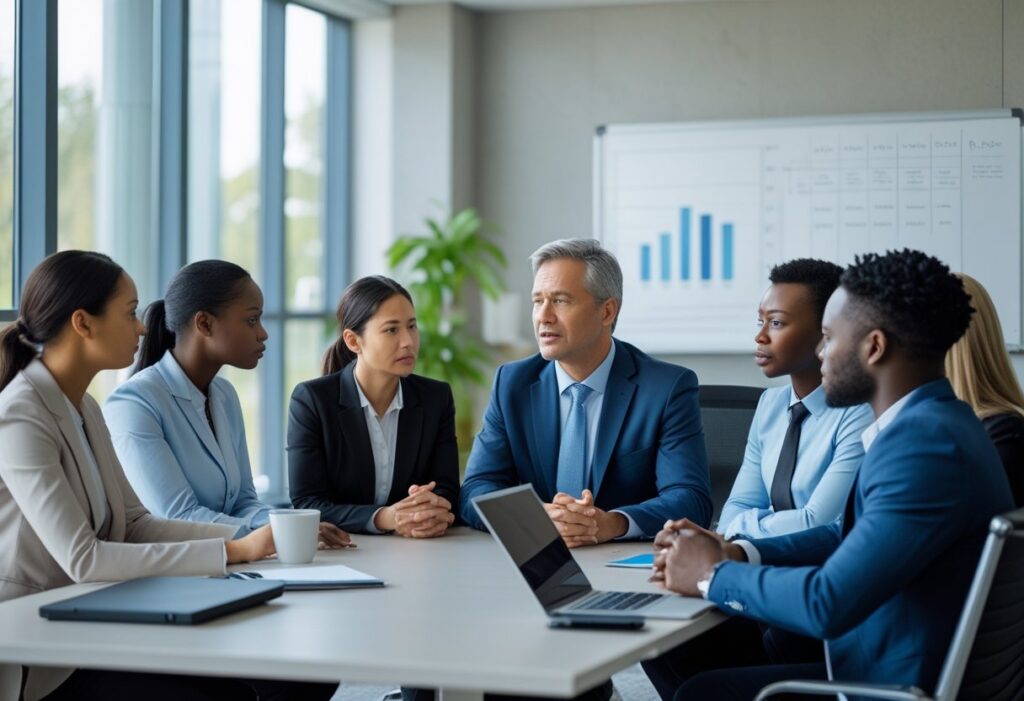 Een groep zakelijke professionals in een kantoor die serieus en begripvol met elkaar in gesprek zijn tijdens een moeilijke bespreking.
