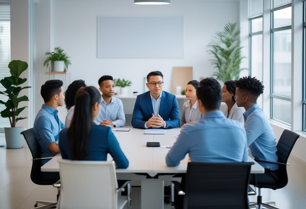 Een groep werknemers en een manager zitten in een vergaderruimte en voeren een serieus gesprek.