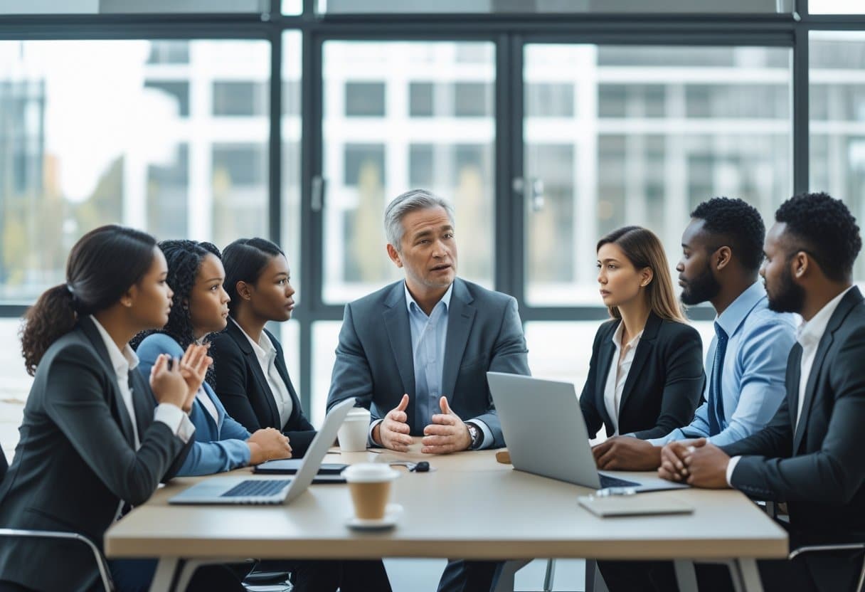 Een groep zakelijke professionals zit in een moderne kantoorruimte en luistert aandachtig naar een manager die ondersteunend spreekt over reorganisatie en ontslag.
