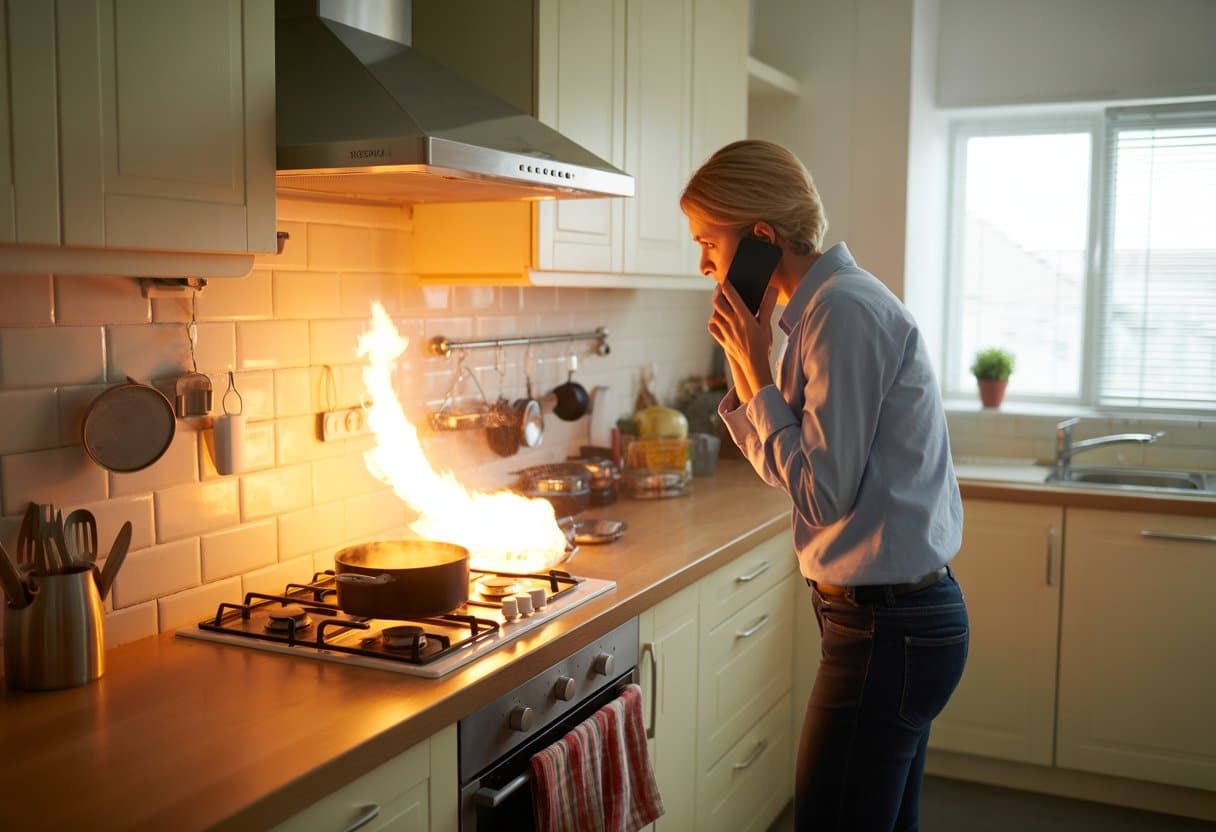 Een persoon kijkt bezorgd naar een klein vuur op het fornuis in een moderne keuken.
