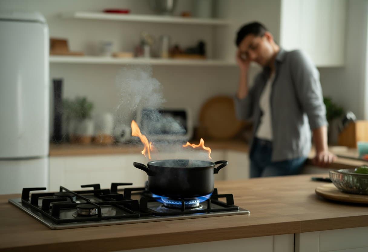 Een persoon kijkt bezorgd naar een kleine brand op het fornuis in een keuken.