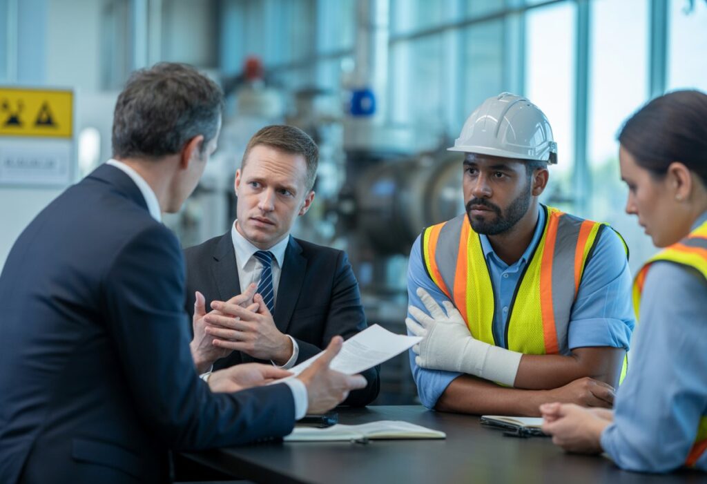 Een groep professionals bespreekt een bedrijfsongeval in een kantoor met een arbeider met een verband aan zijn arm.