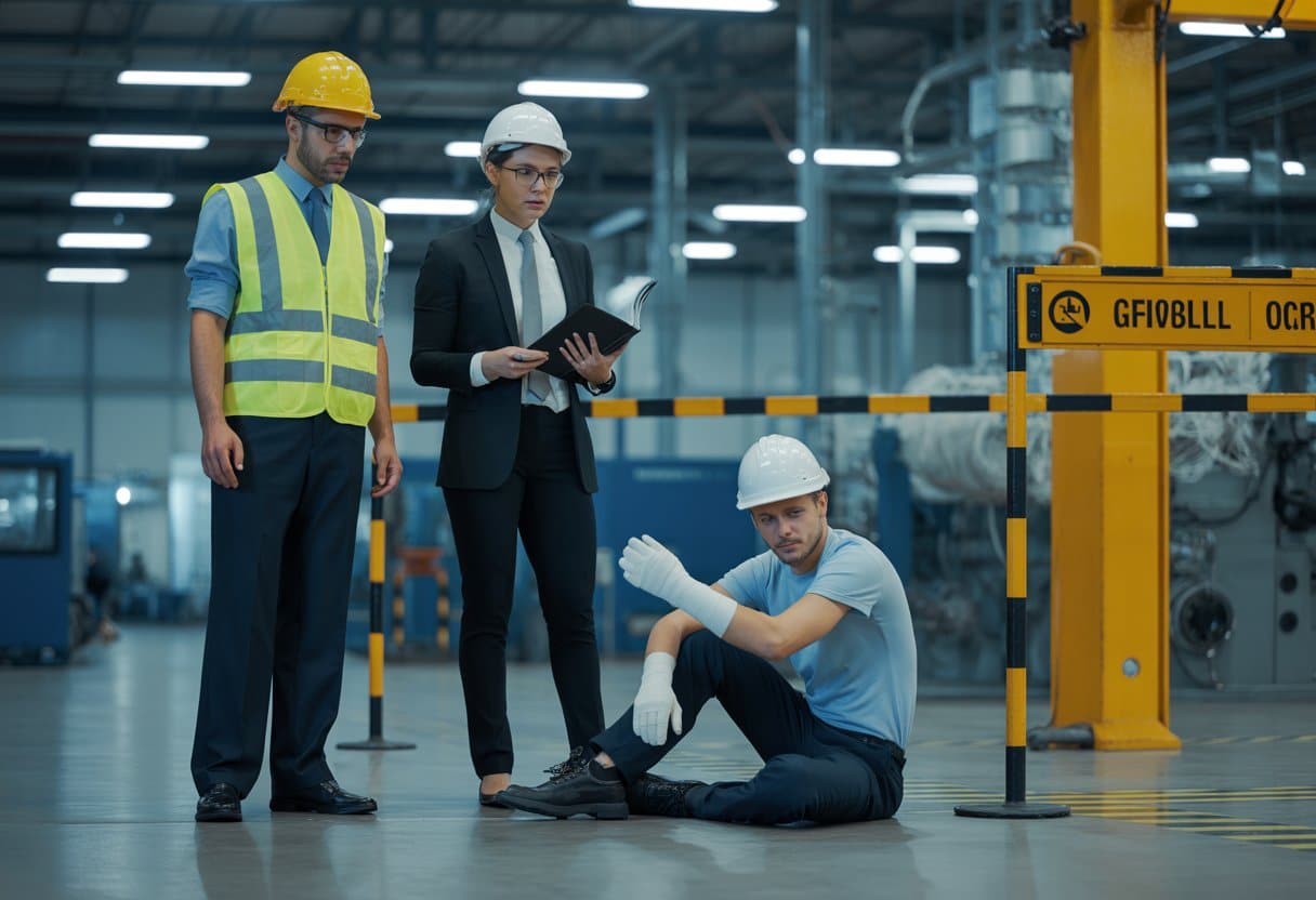 Bedrijfsongevallen en strafrecht: wie draagt de schuld? Uitleg & Aansprakelijkheid 1 Een groep professionals bij een bedrijfsongeval, met een gewonde werknemer, een veiligheidsmedewerker en een advocaat in een industriële omgeving.