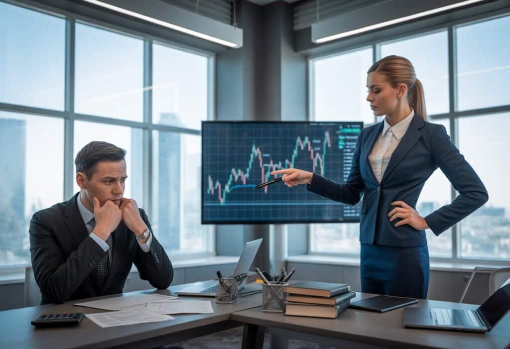 Twee zakelijke professionals in een modern kantoor, een man kijkt bezorgd naar verspreide papieren, een vrouw wijst naar een financieel diagram op een scherm.