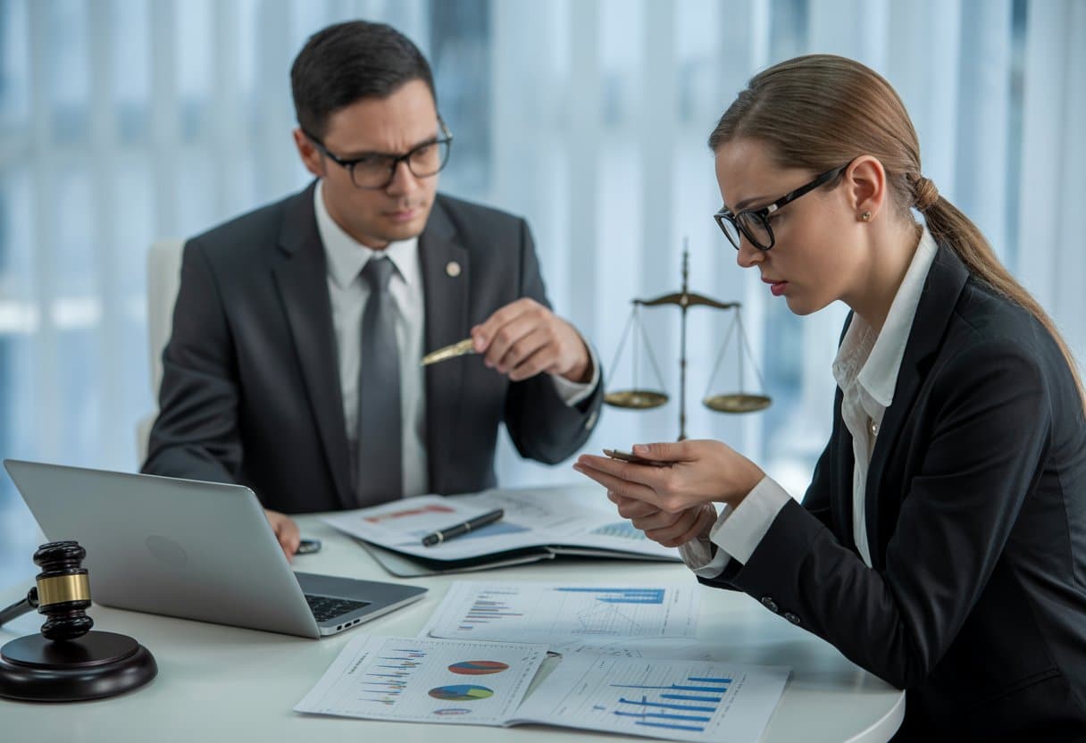 Schuld bij economische delicten – nalatig of opzettelijk? Uitleg & praktijk 1 Twee zakelijke professionals bespreken financiële documenten in een kantooromgeving met juridische symbolen op de achtergrond.