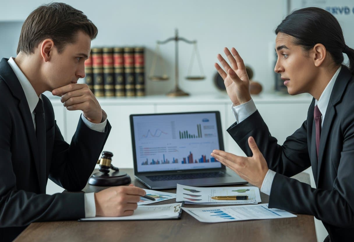 Schuld bij economische delicten – nalatig of opzettelijk? Uitleg & praktijk 2 Twee zakenmensen bespreken financiële documenten in een kantoor met juridische symbolen op de achtergrond.