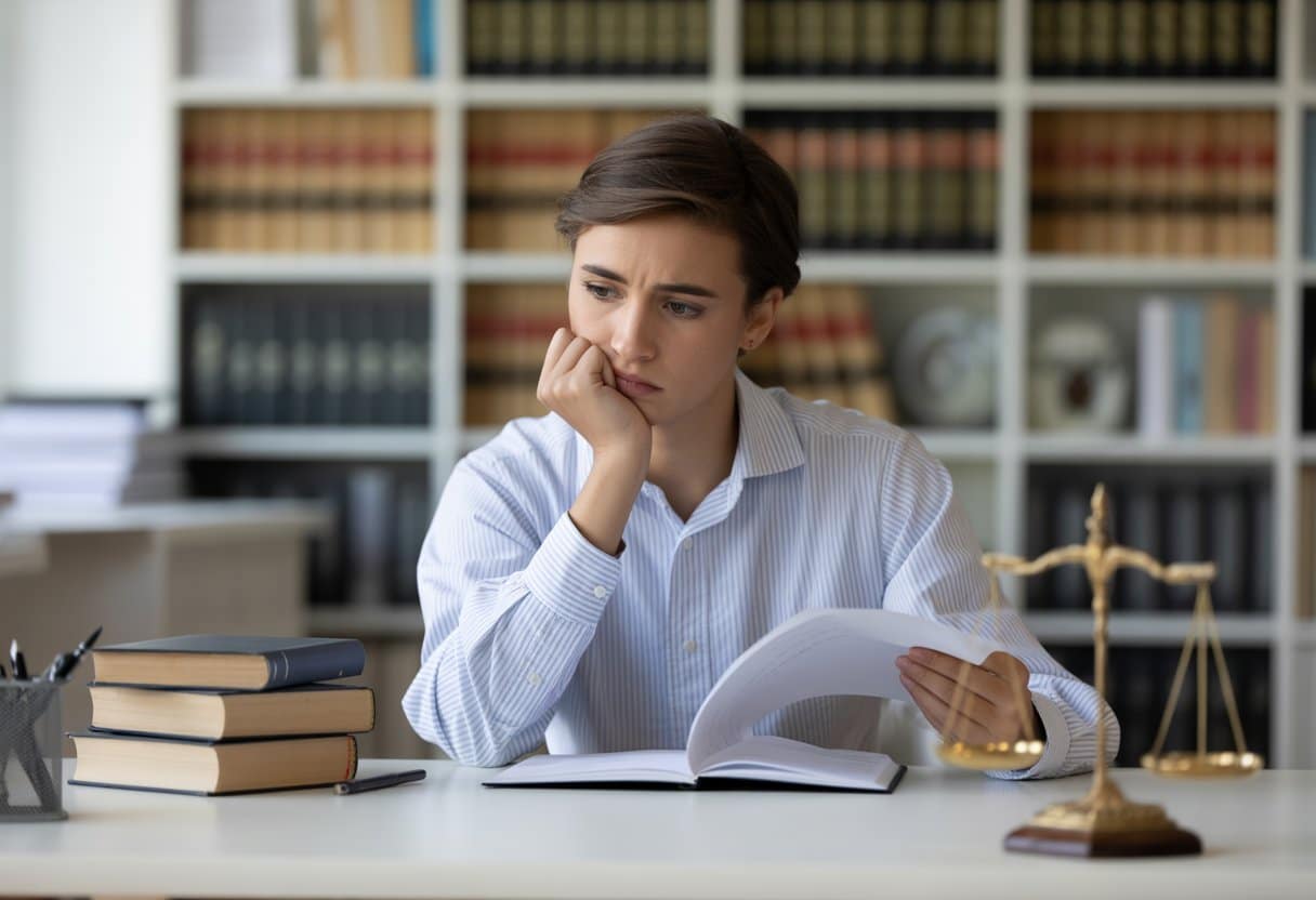 Een nadenkende jongvolwassene zit aan een bureau met juridische boeken en documenten, met een weegschaal van gerechtigheid op de achtergrond.