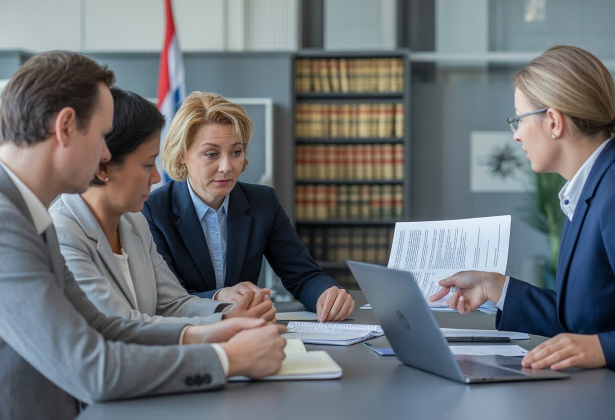Mensen in een kantooromgeving bespreken documenten over een bezwaar- en beroepsproces bij de IND.