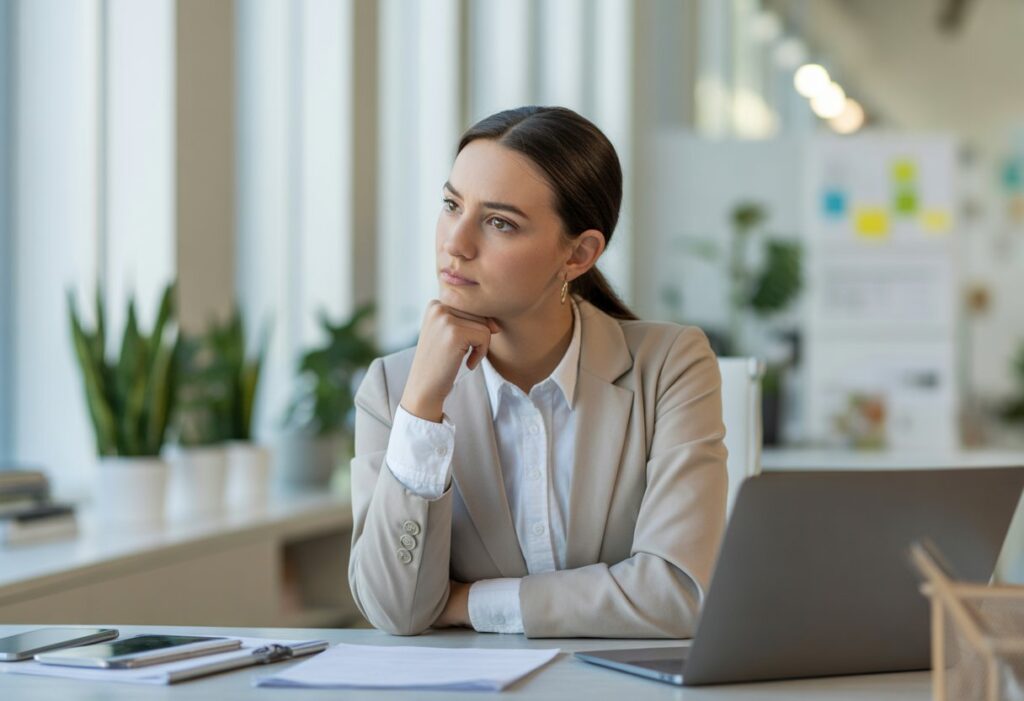 Een jonge vrouw zit aan een bureau in een modern kantoor en kijkt nadenkend terwijl ze naar haar laptop kijkt.