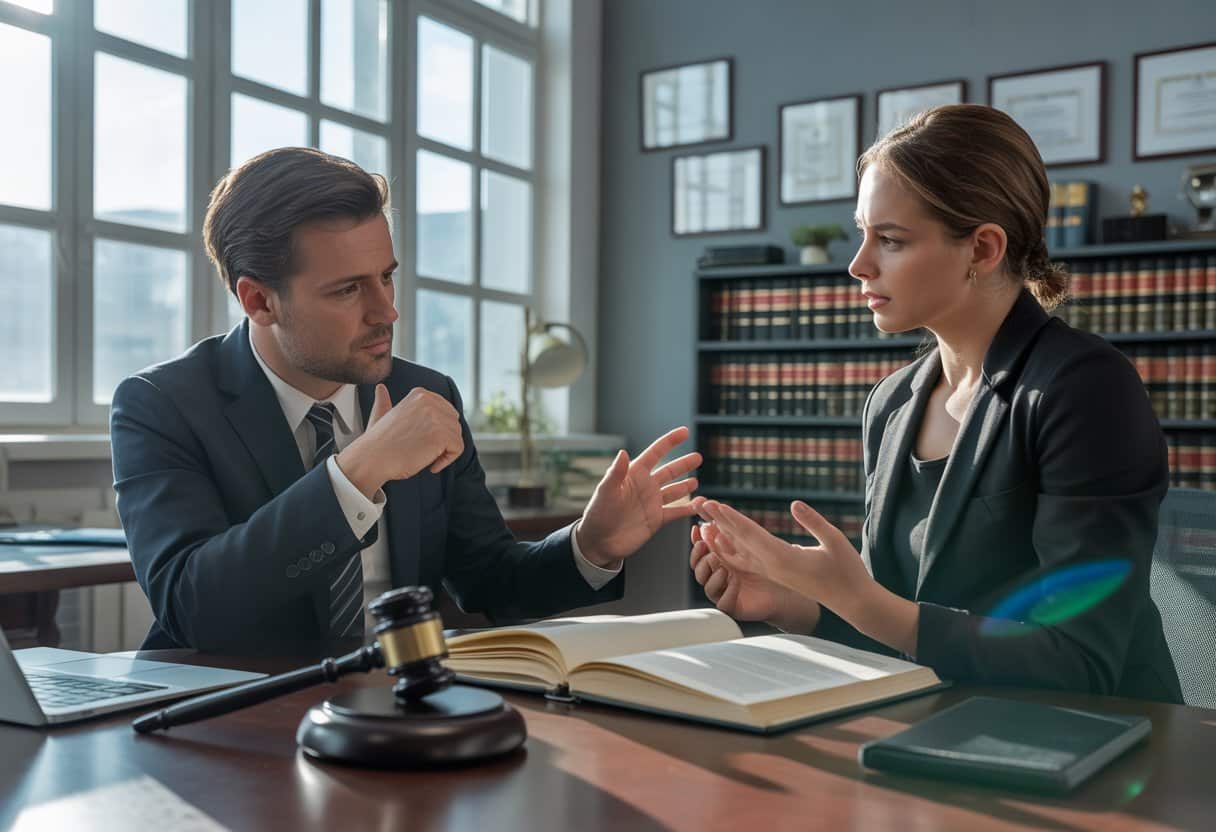 Een advocaat legt een juridische verdediging uit aan een cliënt in een kantooromgeving.