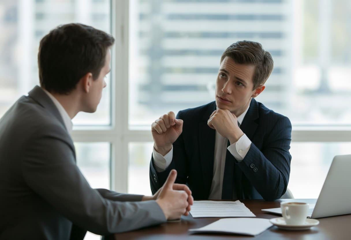 Twee mensen in een kantoor zitten tegenover elkaar en voeren een serieus gesprek, waarbij één persoon nadenkt en de ander aandachtig luistert.