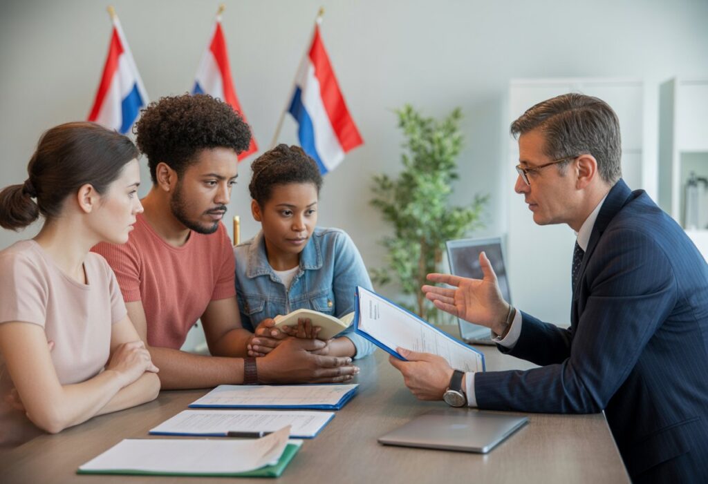 Een advocaat bespreekt documenten met een diverse familie in een kantooromgeving.