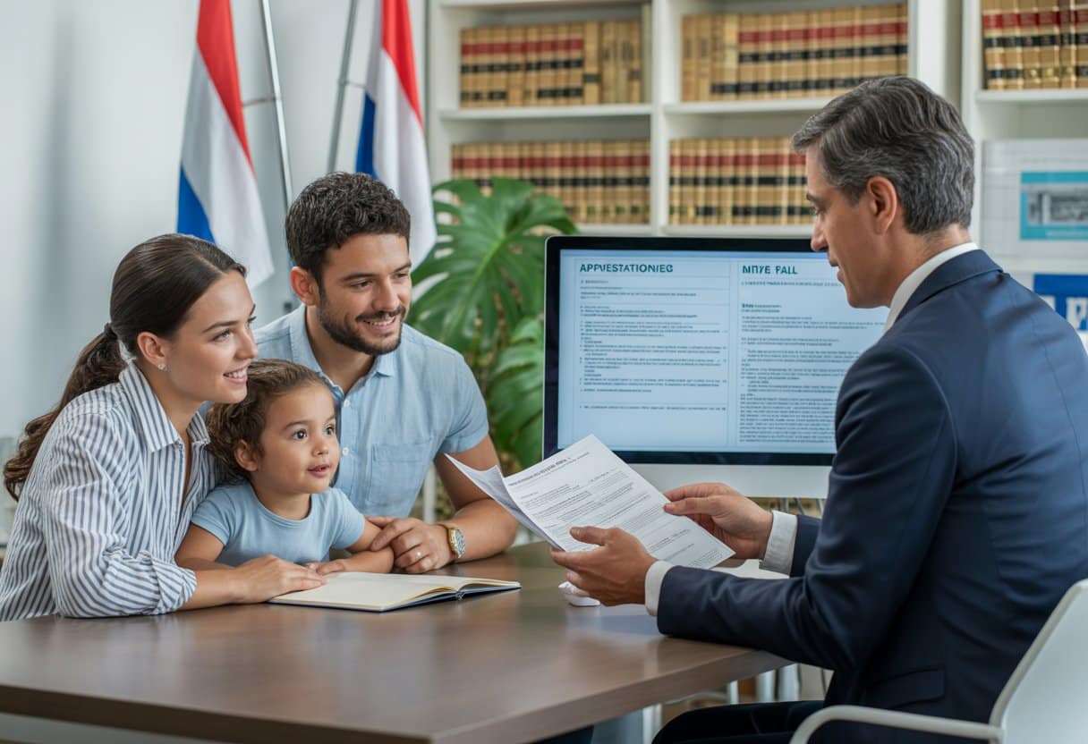Een juridische adviseur bespreekt migratierecht met een jong gezin in een moderne kantooromgeving.