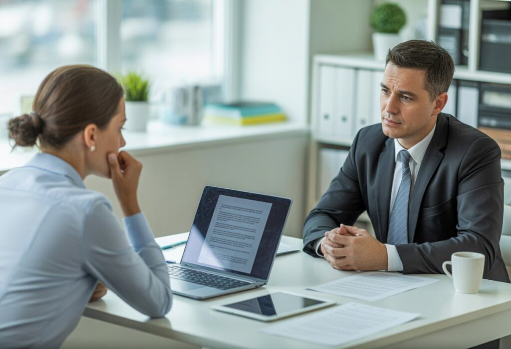 Een werknemer en een werkgever zitten tegenover elkaar aan een vergadertafel in een kantoor, bezig met een serieus gesprek.