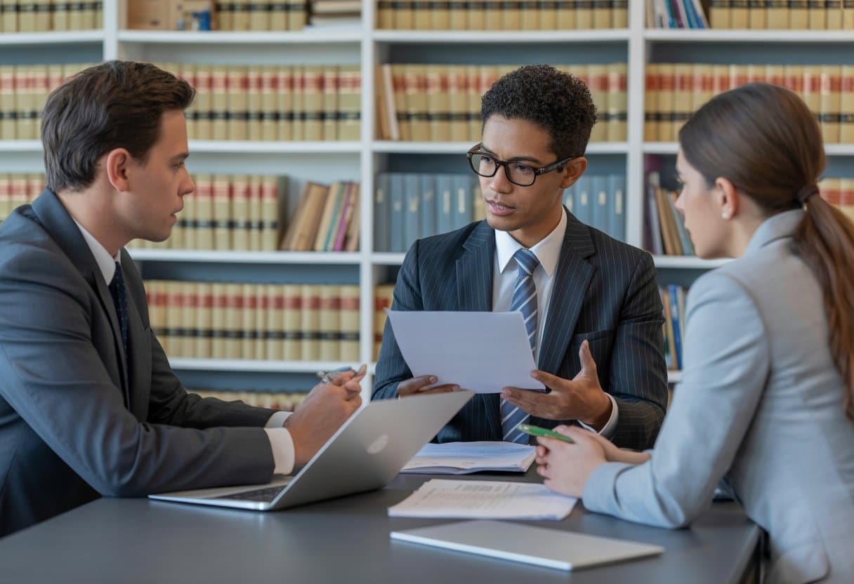 Drie mensen in een kantoor voeren een serieus gesprek over juridische zaken.