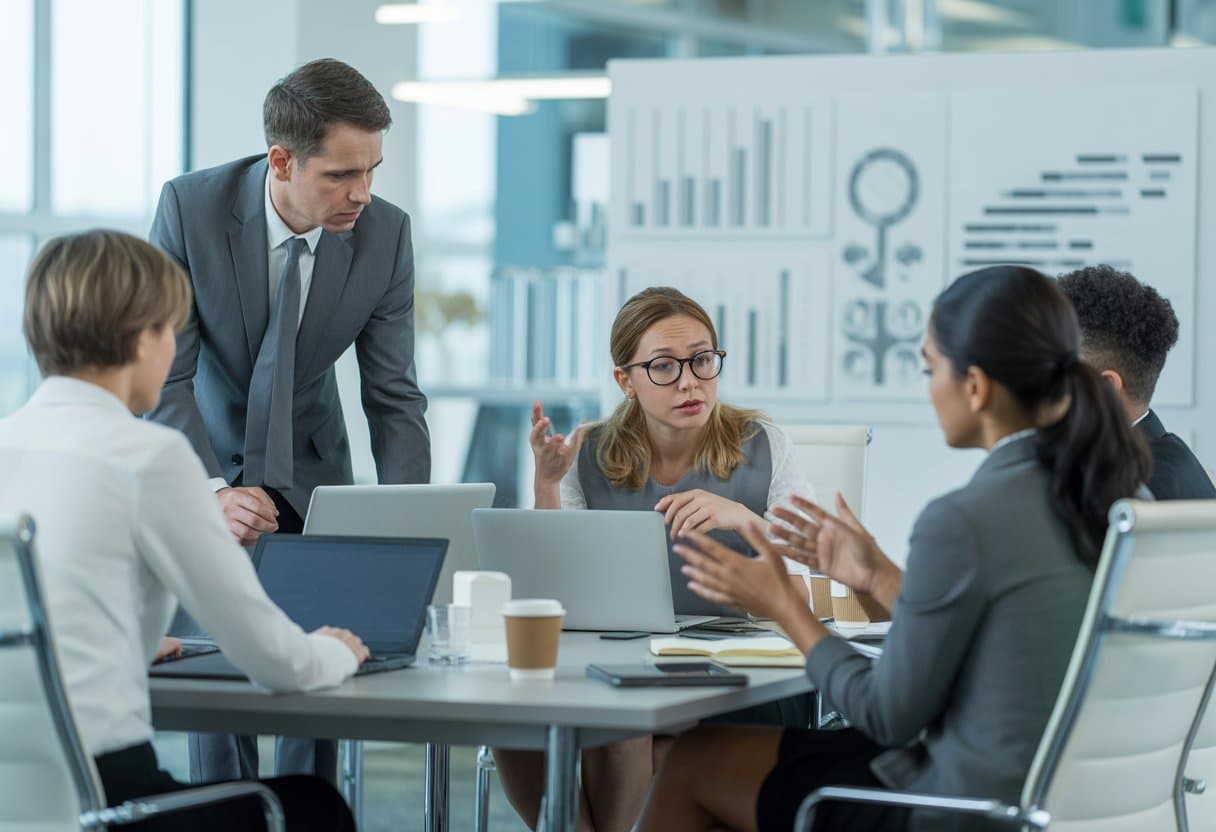 Een groep werknemers en een manager zitten rond een vergadertafel in een modern kantoor en voeren een serieus gesprek.