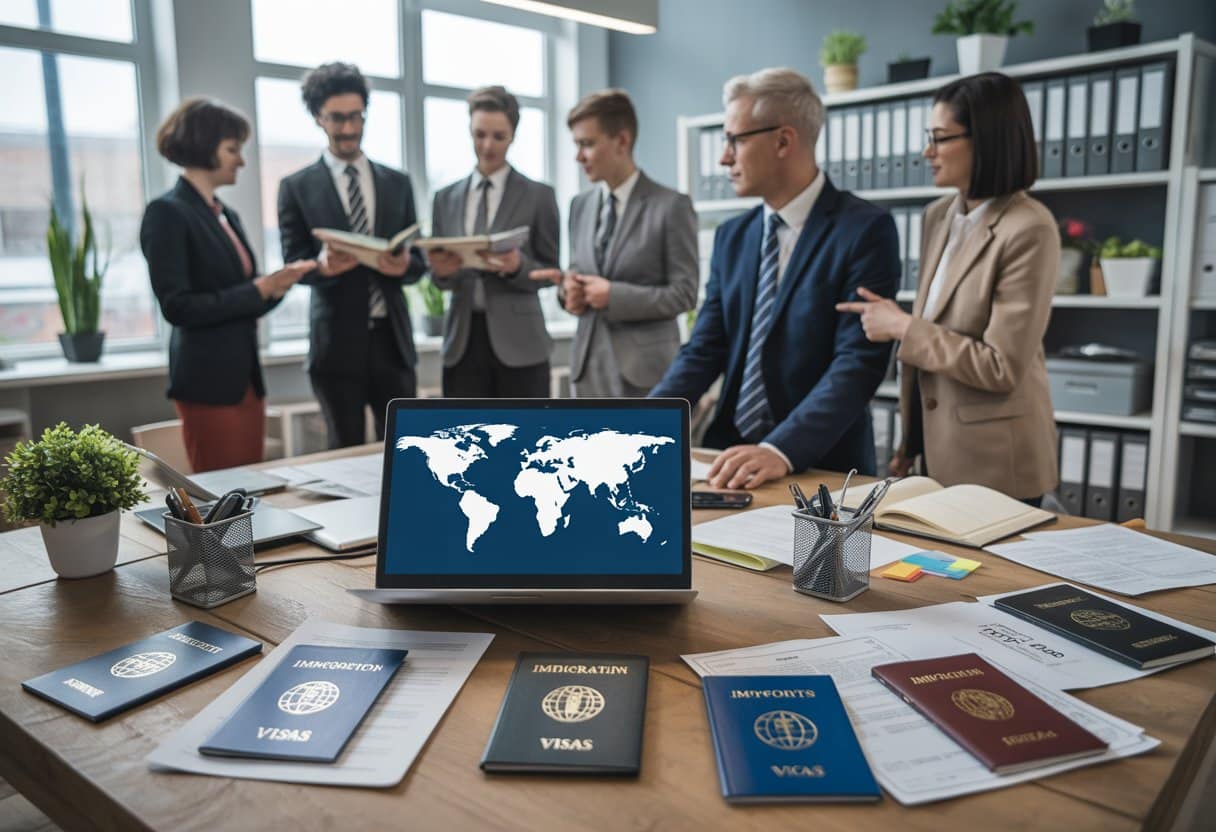 De belangrijkste verblijfsvergunningen op een rij: complete gids 1 Een groep professionals bespreekt immigratiedocumenten aan een bureau in een modern kantoor.