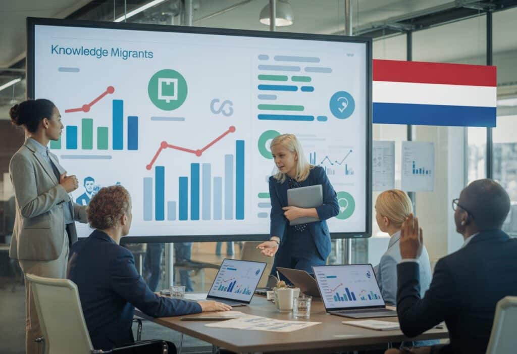 Een groep professionals bespreekt het Nederlandse puntensysteem voor kennismigranten in een moderne kantooromgeving.