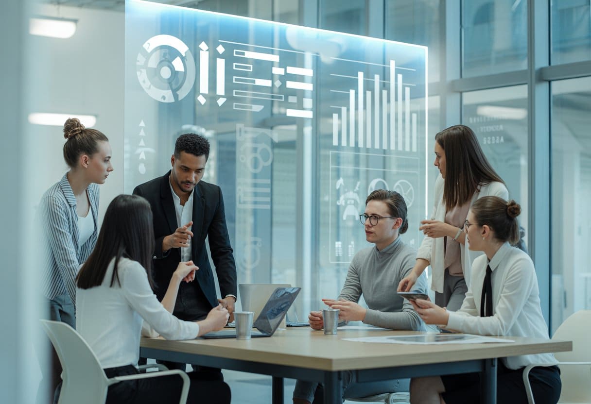 Een groep jonge professionals bespreekt samen een puntensysteem in een modern kantoor.
