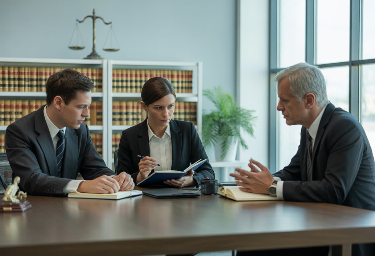 Drie professionals in een kantoor overleggen serieus aan een tafel met juridische boeken en een weegschaal van gerechtigheid op de achtergrond.
